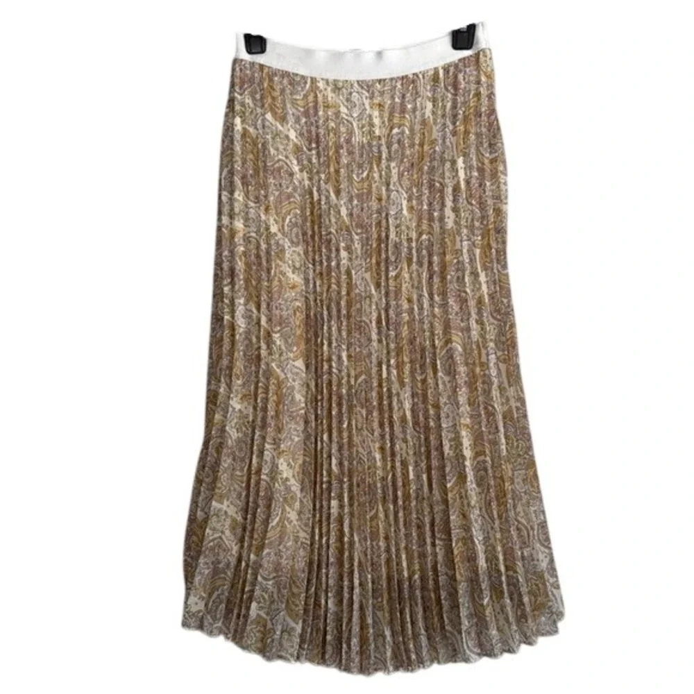 WD-NY Paisley Pleated Midi Skirt Gold Purple Cream Elastic Waist Size 8